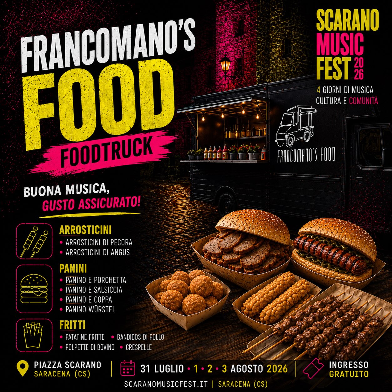 Locandina Francomano's Food foodtruck allo Scarano Music Fest 2026